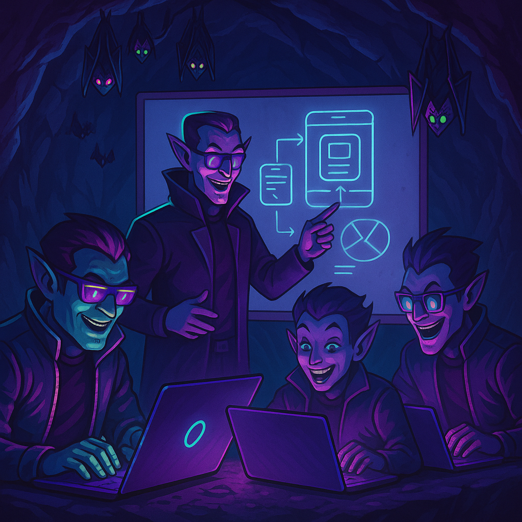 Garage retro-futurista con vampiros programadores